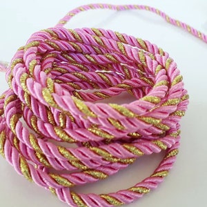 5mm 3 Ply Pink and Gold Barley Twist Rope, Braided Piping, Quality Fabric and Material- 2 meters