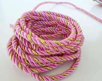 5mm 3 Ply Pink and Gold Barley Twist Rope, Braided Piping, Quality Fabric and Material- 2 meters