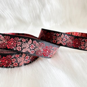 22 mm-0.86 inches Jacquard ribbon, Embroidered border, Sewing trim, red and black flower ribbon
