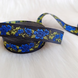 25 mm - 1 inch Blue Rose Pattern Jacquard Ribbon  Woven Trim Border Embroidered Ribbon Sewing Trim Craft Ribbon, FlowerJacquard Trim
