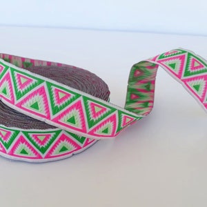 25 mm- 1 inch green&pink chevron Jacquard ribbon, Decorative border, Geometric ribbon, native trims, by the yard