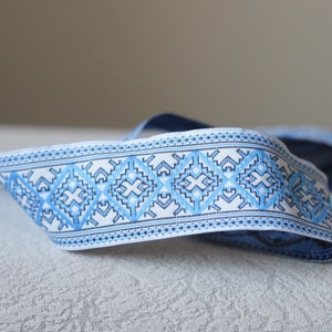 35 mm - 1.25&quot; blau&weisses Jacquard Band, Ethno Borte, Webband in blau-weiss Muster Borte, Ukrainisches Band