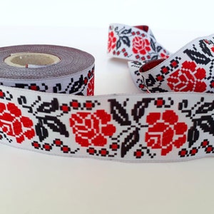 35 mm - 1.25&quot;Red Rose Jacquard trim, Rose Flower Border, Fabric Wide Ribbon