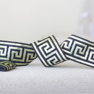 50mm (2 inches) Thick jacquard ribbon in black and metallic gold color, Drapery trim by the yard, Greek key trim