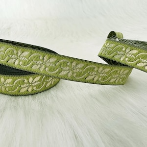 15 mm (5/8 inches) green and gold Jacquard ribbon, Embroidered border, Sewing trim, gold flower ribbon, Woven Border, Craft border