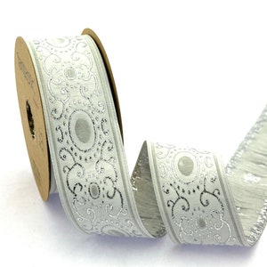 35 mm-1.25 inches metallic silver and white Jacquard ribbon, authentic Jacquard trim, Jacquard border, costume trim