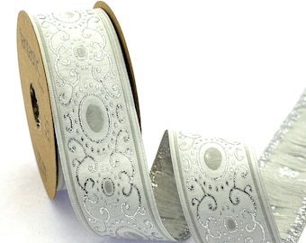35 mm-1.25 inches metallic silver and white Jacquard ribbon, authentic Jacquard trim, Jacquard border, costume trim