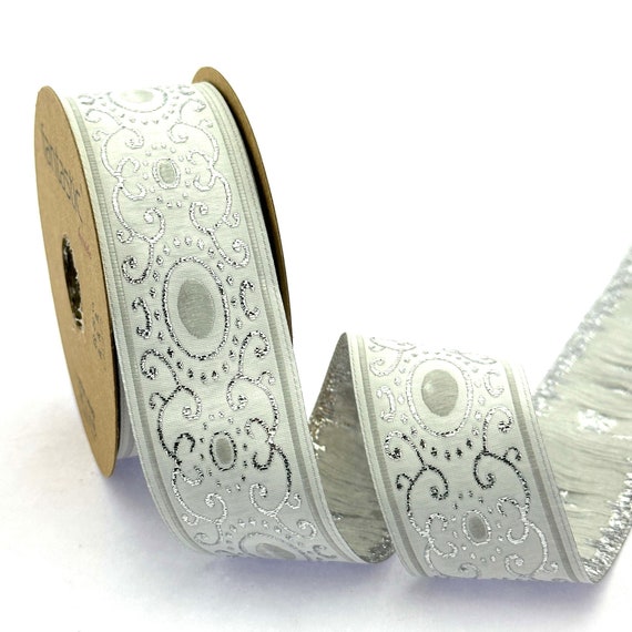 35 Mm-1.25 Inches Metallic Silver and White Jacquard Ribbon