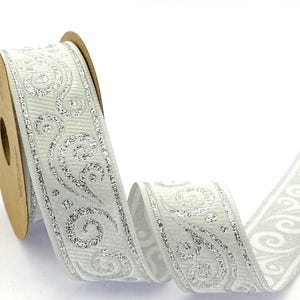 35 mm - 1.25&quot; inches shiny silver and white Jacquard ribbon, authentic Jacquard trim, woven Jacquard border, costume trim