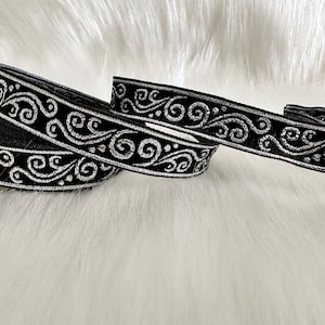 15 mm (5/8 inches) metallic silver and black Jacquard ribbon, Embroidered border, Sewing trim, Jacquard trim, Woven Border