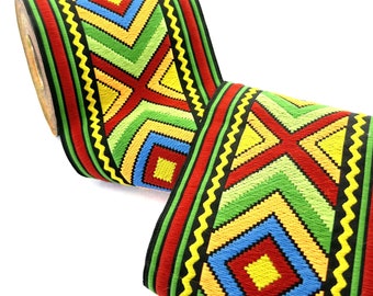 100mm (3.93 inch) diamond border, geometric jacquard trim, ethnic jacquard ribbon, multicolor embroider border