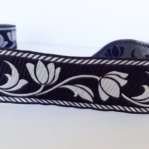 50mm (1+7/8 inch) Floral thick black and silver sewing woven ribbon, Embroidered fabric trim,