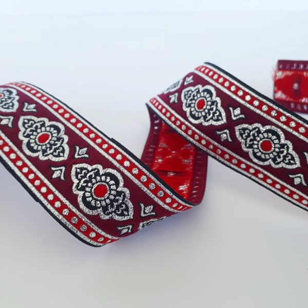 35 mm - 1.25" inches Red&silver Renaissance pattern border, european jacquard trim, Jacquard ribbon Trim