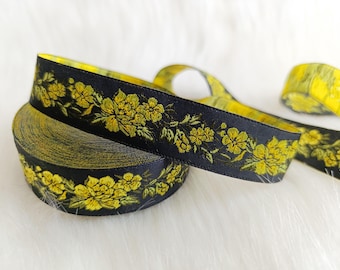 25 mm - 1 inch Yellow Rose Pattern Jacquard Ribbon  Woven Trim Border Embroidered Ribbon Sewing Trim Craft Ribbon, FlowerJacquard Trim
