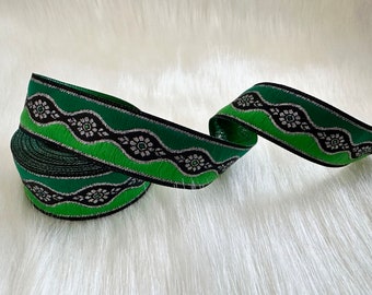 25 mm_1 inch green&silver wave daisy motif jacquard, embroidered jacquard trim ribbon, floral green border