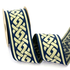 50mm (2 inches)  spiral style navy blue and gold Jacquard ribbon, knitting pattern border, celtic woven border