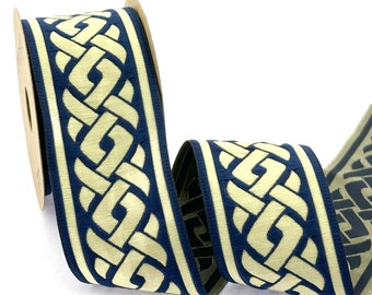 50mm (2 inches)  spiral style navy blue and gold Jacquard ribbon, knitting pattern border, celtic woven border