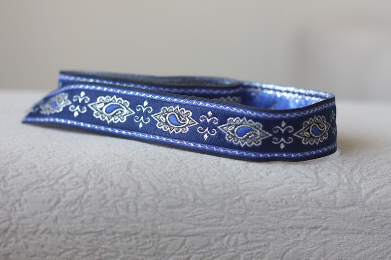 Puede incluir: Cinta azul y plateada con dise&ntilde;o de paisley.