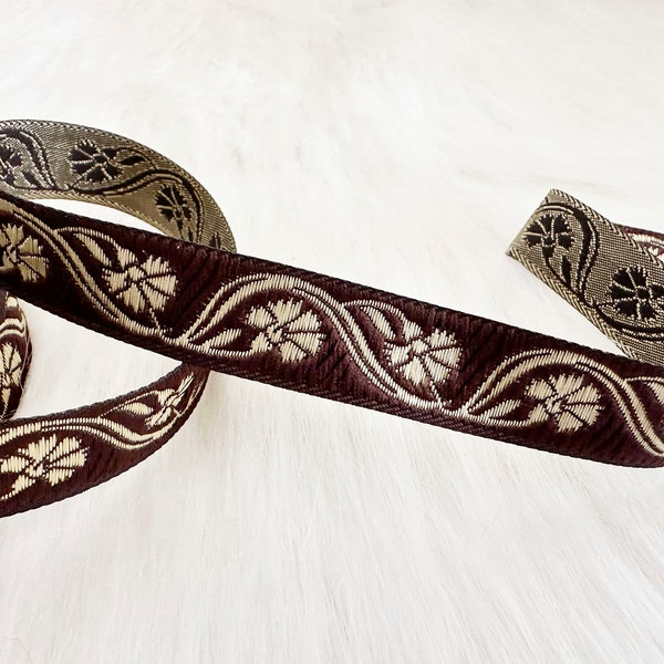 15 mm (5/8 inches) embroidered tulip ribbon brown and gold colors, Woven jacquard trim, Embroider border