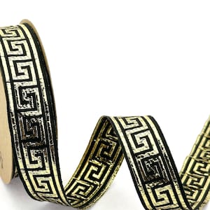 25 mm ( 1 inch ) Black& Shiny Gold sewing trim with metallic gold greek key by the yard, greek key bordur