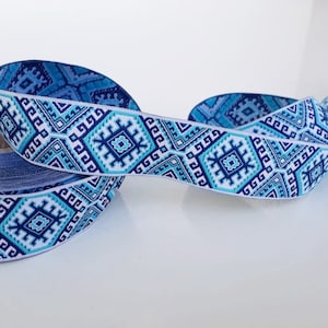 25mm-1 inches exotic ethnic blue  jacquard border, ukrainian folkloric ribbon,