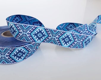 25mm-1 inches exotic ethnic blue  jacquard border, ukrainian folkloric ribbon,