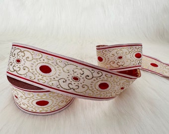 35 mm-1.25 inches white and  metallic red Jacquard ribbon, authentic Jacquard trim, Jacquard border, costume trim
