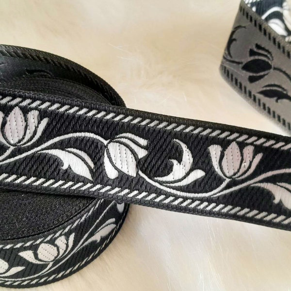 35 mm - 1.25" black&silver Jacquard border, embroider jacquard ribbon, flower pattern trim, tulip motive trim