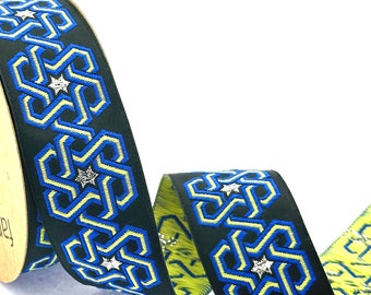 35 mm - 1.25" Stars pattern blue&black jacquard ribbon, celtic knot sewing trim