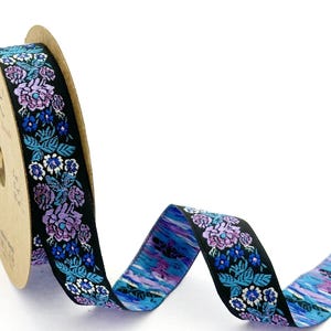 Ruban jacquard 22 mm-0,86 pouce, bordure brodée, bordure de couture, ruban fleur lilas et bleu
