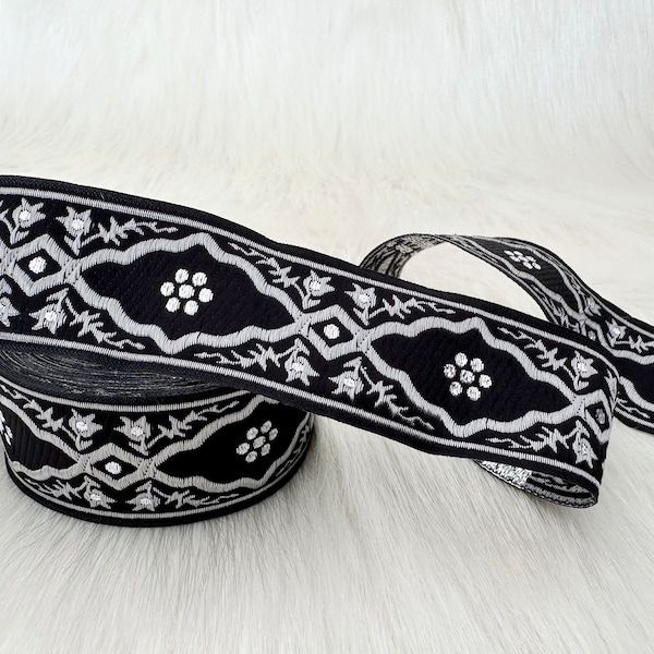35 mm - 1,25 ""schwarze und silberne Jacquardborte, Jacquard, dekoratives Handwerksband, Nähborte, Bekleidungsstück."