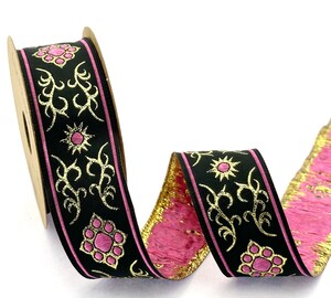 Ruban Jacquard Tissé Bordure Impériale - 10 M X 25 Mm, Couleurs Rose Pâle & Bordeaux, Pour Couture Et Décoration