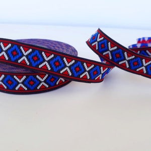 15 mm (5/8 pollici) Passamaneria jacquard nativa in blu, rosso e bianco, nastro tribale azteco a rombo, bordo etnico in grosgrain in stile boho