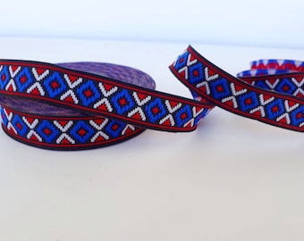 15 mm (5/8 inches) Native jacquard trim in blue red white, Rhombus tribal aztec ribbon, Ethnic grosgrain border boho style