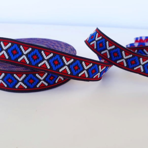 15 mm (5/8 inches) Native jacquard trim in blue red white, Rhombus tribal aztec ribbon, Ethnic grosgrain border boho style