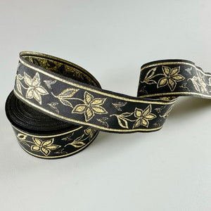 35 mm - 1.25&quot; balck and shiny gold Jacquard ribbon, woven jacquard trim in shiny gold flower by the meter, Flower jacquard border