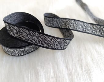 22 mm_ 0.86 inch black&silver Heart Jacquard ribbons, Heart embroidered ribbon, Jacquard trim