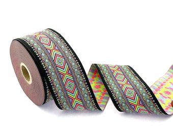 50mm (1+7/8 inch) diamond border, geometric jacquard trim, ethnic jacquard ribbon, multicolor embroider border