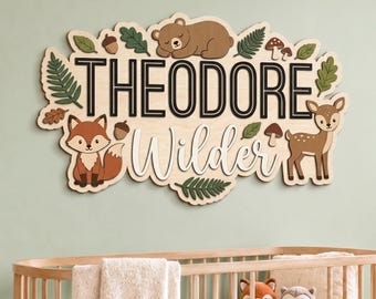 Personalized Woodland Name Sign, Nursery Wall Decor, Custom Forest Kids Room Sign, Woodland Nursery Decor, Wooden Name Plaque Gift