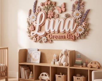 Personalized Boho Floral Name Sign, Wildflower Baby Nursery Decor, Custom 3D Wooden Name Plaque, Kids Room Wall Hanging, Floral Baby Sign