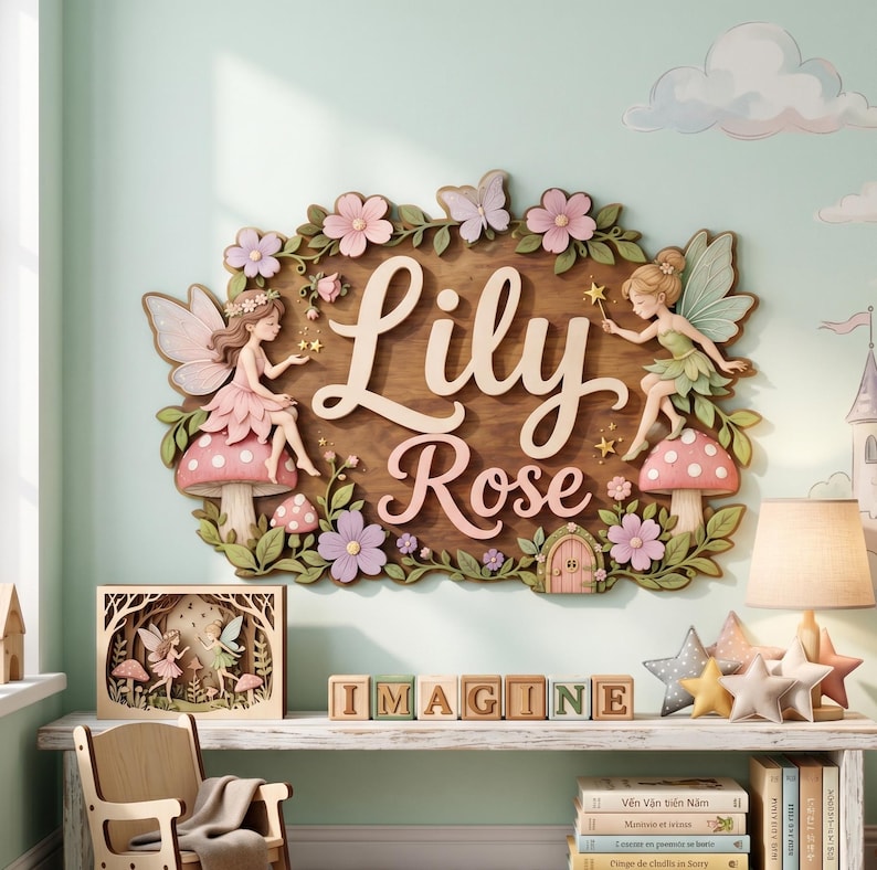 May include: A wooden wall sign featuring the name Lily Rose in cream and pink script, surrounded by carved flowers, leaves, a butterfly, and two fairies sitting on mushrooms. The sign is displayed above a shelf with wooden blocks spelling IMAGINE.