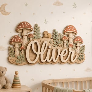 Personalized Mushroom Nursery Name Sign, Custom 3D Wooden Baby Name Decor, Woodland Theme, Layered Mushroom Name Plaque for Kids Room Gift
