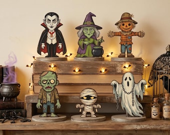 Halloween Wooden Block Decor, Vintage Spooky Shelf Sign, Mummy, Ghost , Vampire, Zombie, Witch, Scarecrow, Rustic Halloween Home Gift