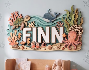 Personalized Ocean Baby Name Sign, Custom 3D Wooden Nursery Decor, Sea Life Wall Art, Layered Coastal Name Plaque, Baby Room Gift