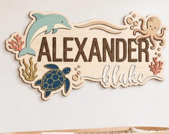 Personalized Ocean Name Sign, Nursery Wall Decor, Custom Sea Life Kids Room Sign, Coastal Nursery Decor, Wooden Name Plaque Gift