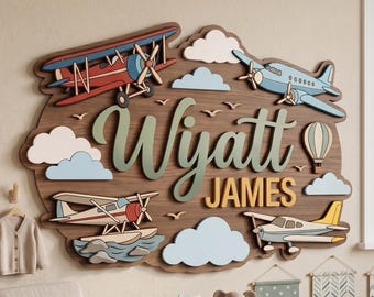 Personalized Airplane Name Sign, Custom 3D Wooden Aviation Nursery Decor, Airplane Wall Art, Layered Pilot Kids Room Gift