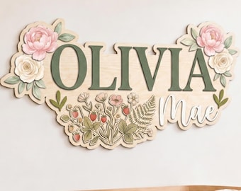 Personalized Floral Name Sign, Nursery Wall Decor, Custom Flower Kids Room Sign, Botanical Nursery Decor, Wooden Name Plaque Gift