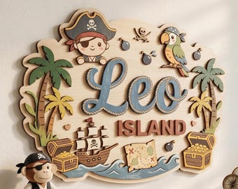 Personalized Pirate Name Sign, Custom 3D Wooden Nautical Nursery Decor, Pirate Ship Wall Art, Layered Adventure Kids Room Gift