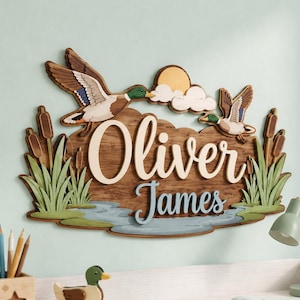 Personalized Duck Nursery Name Sign, Custom 3D Wooden Baby Name Decor, Cute Duckling Wall Art, Layered Wood Plaque for Kids Room Gift