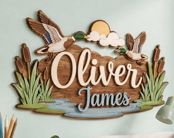 Personalized Duck Nursery Name Sign, Custom 3D Wooden Baby Name Decor, Cute Duckling Wall Art, Layered Wood Plaque for Kids Room Gift